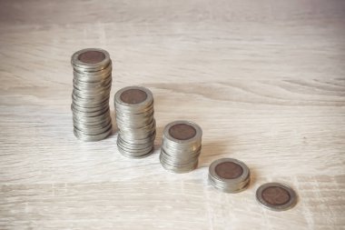 Bozuk para yığını. Tasarruf kavramı, mali. Gelecek için para ve gelir tasarrufu yatırım fikirleri ve mali yönetim. Kapatın. İş büyümesi konsepti. Mali risk