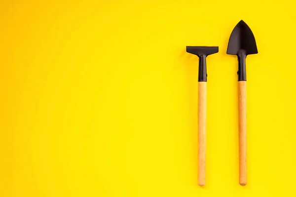 Miniature Gardening Tools Yellow Background Top View Gardening Spring Summer — Stock Photo, Image