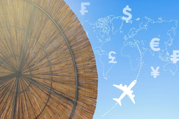 Der Schirm Aus Bambusblur Hintergrund Mit Währungs Symbolen Verschiedener Länder — Stockfoto