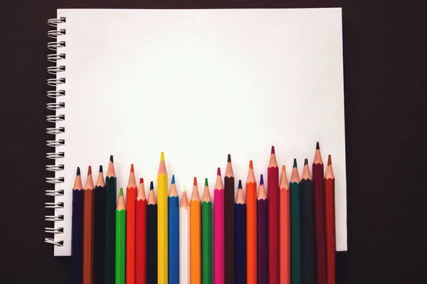 Los Cuadernos Escolares Lápices Colores Arco Iris Están Jugando Codo — Foto de Stock