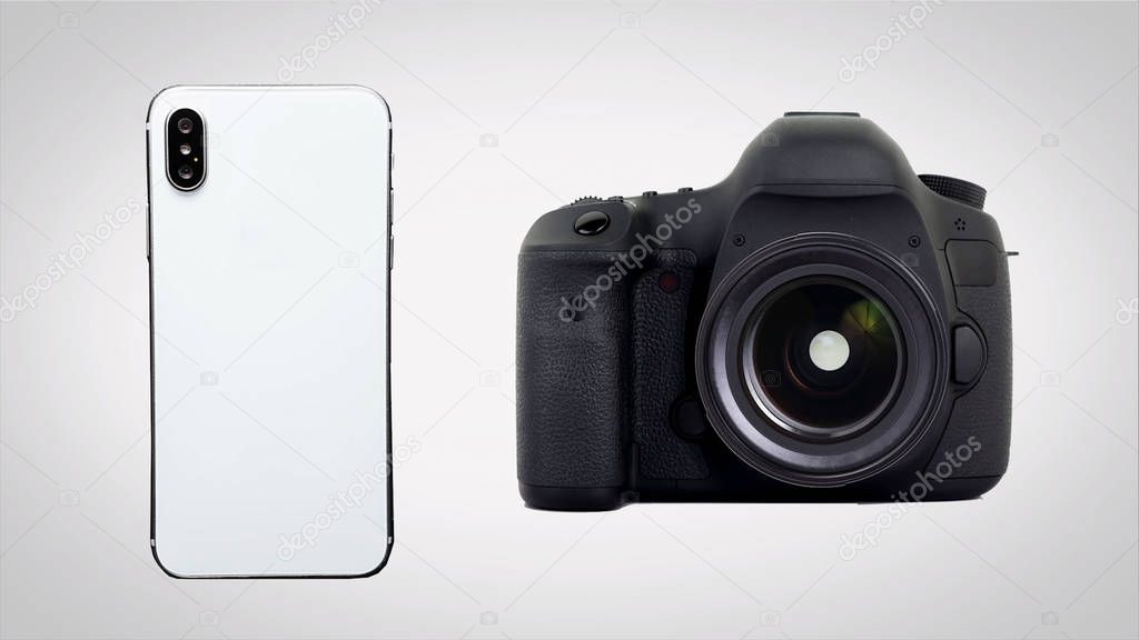 close-up of camera and mobile phone on white background, Smartphones vs camera
