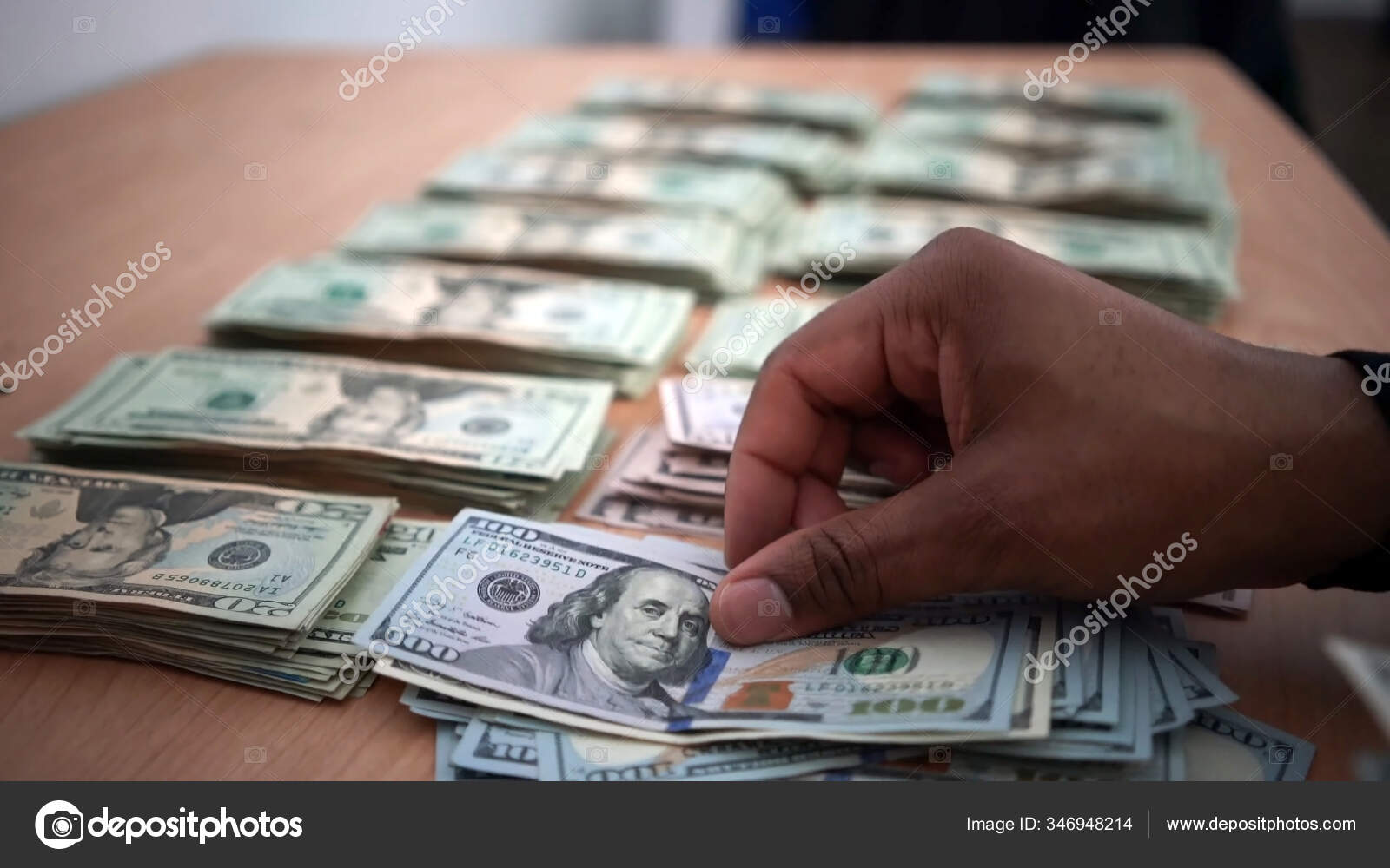 Close Hand Black Man Counting Banknotes Piles Money Wooden Table