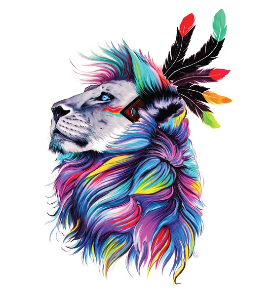 Beyaz arka planda tüyleri olan renkli bir aslan başı.