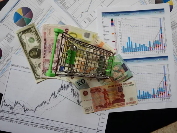Prázdný Spotřebitelský Koš Pozadí Finančních Grafů Měn — Stock fotografie