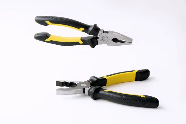 Pliers Black Repair Works Yellow Inserts White Background — Stock Photo, Image