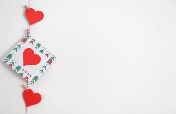 Krásné Pohlednice Valentýna Červené Srdce Bílé Modré Kartě — Stock fotografie