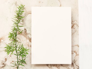 Tarjeta blanca sobre fondo estampado marmol y rama verde. Modelleme. Maqueta.