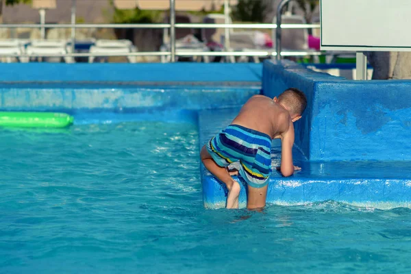 European Boy Striped Swimming Shorts Having Fun Swimming Pool Enjoying — Stock Photo, Image