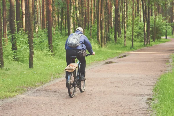 Man riding a bike in a park. He is moving away from camera.