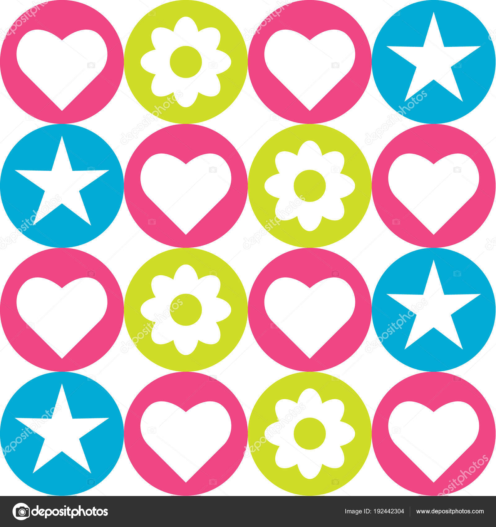 Padrão Sem Costura Com Círculos Coloridos Com Corações Estrelas Flores  Vetor de ©Aenyeth 192442304, image size:1600x1700