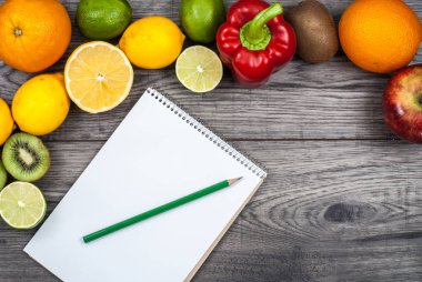 Fitness kavramı meyve ile. Üstten Görünüm arka plan kavramı. Fitness