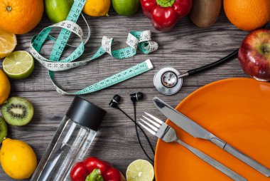 Fitness kavramı meyve ile. Üstten Görünüm arka plan kavramı. Fitness