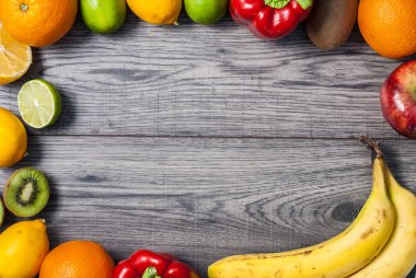 Fitness kavramı meyve ile. Üstten Görünüm arka plan kavramı. Fitness