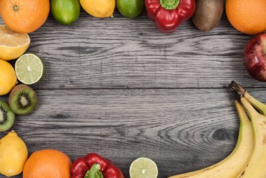 Fitness kavramı meyve ile. Üstten Görünüm arka plan kavramı. Fitness