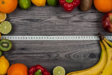 Fitness kavramı meyve ile. Üstten Görünüm arka plan kavramı. Fitness