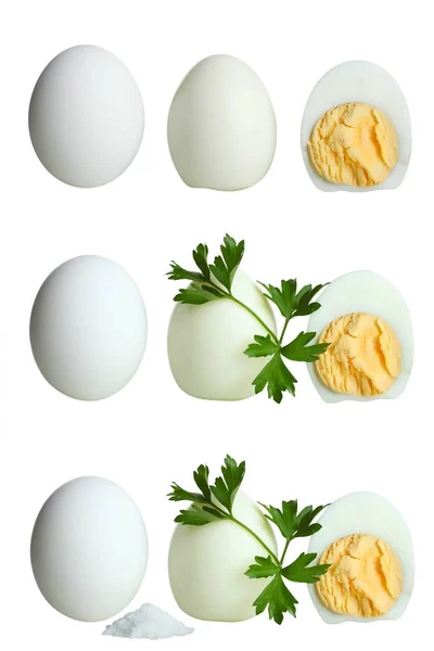 Uovo sodo in un taglio, prezzemolo e sale, collage — Foto Stock