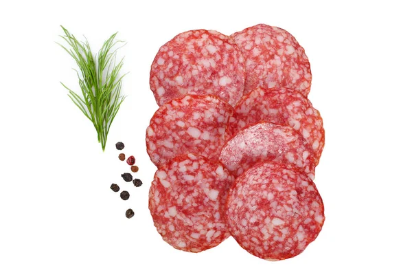 Salame Affettato Aneto Spezie Isolate Fondo Bianco Vista Dall Alto — Foto Stock