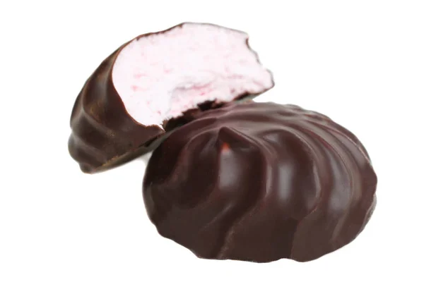 Marshmallows Rosa Chocolate Isolado Fundo Branco — Fotografia de Stock