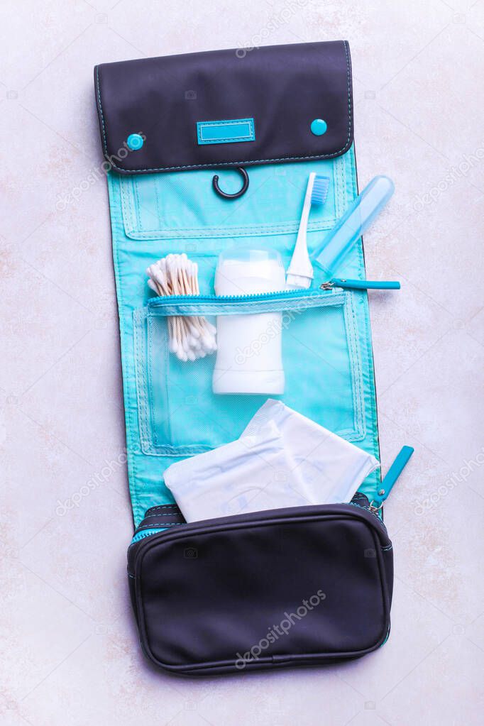 Travel kit for personal care products on a white background.
