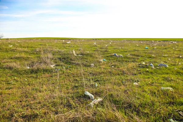 畑の向こうで風に運ばれるゴミ 生態系汚染 — ストック写真