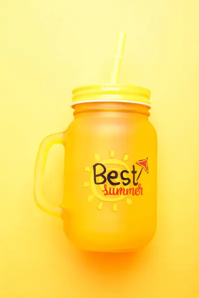 Glass Jar Fresh Juice Orange Background Summer Drink — Stock Photo, Image