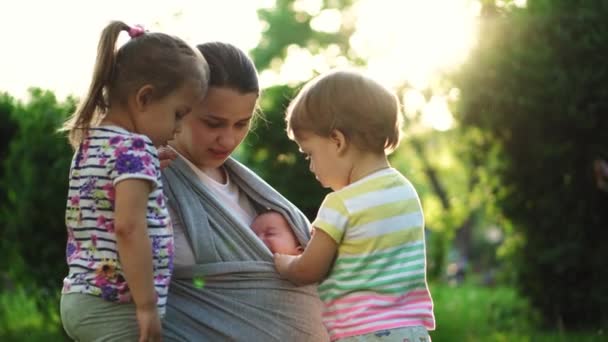 Family, children, motherhood, entertainment and people concept - young cute mother of many children with her baby in sling plays with two older kids same age on background of the sunset in the park. — Stock Video