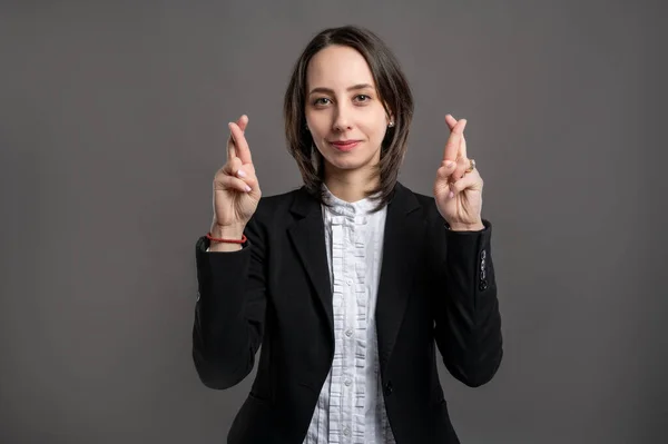 Retrato Una Maravillosa Joven Mujer Negocios Con Traje Negro Camisa — Foto de Stock