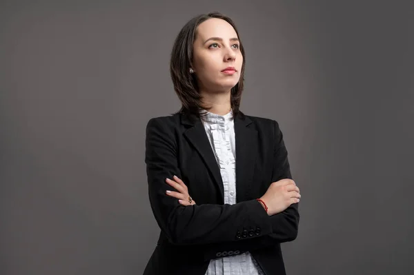 Retrato Una Maravillosa Mujer Negocios Joven Vestido Con Traje Negro — Foto de Stock