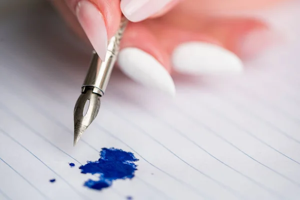 Vintage Ink Pen Female Hand Blue Ink Stain Sheet Paper Stock Image