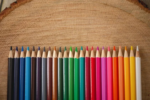 Close-up view of  rainbow colored pencils on natural wood background