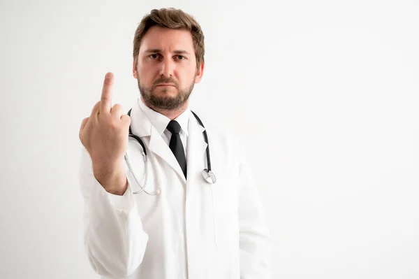 Portrait Male Doctor Stethoscope Medical Uniform Showing Fuck You Posing — 스톡 사진
