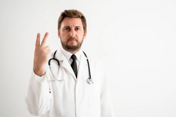 Portrait Male Doctor Stethoscope Medical Uniform Counting Two Her Fingers — Stock Photo, Image