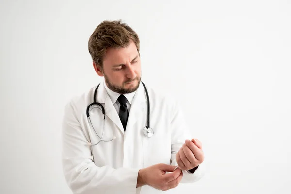 Portrait Male Doctor Stethoscope Medical Uniform Arranges His Uniform Posing — Stock Photo, Image