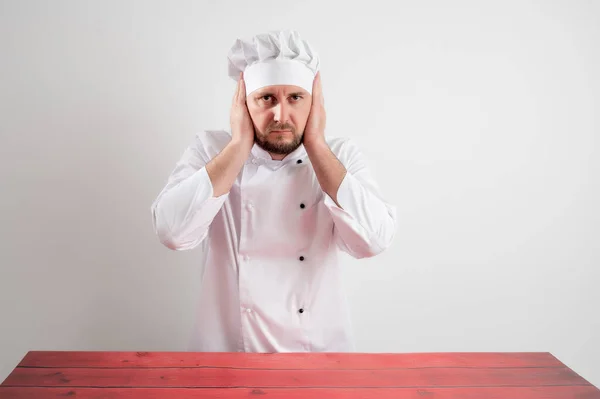 Retrato Jovem Chef Masculino Uniforme Branco Cobrindo Orelhas Como Conceito — Fotografia de Stock