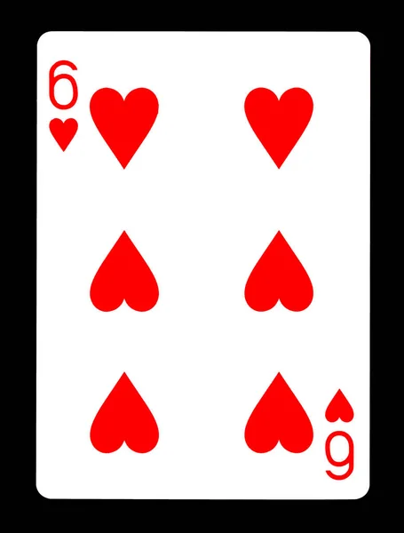 Sechs Herzen Spielkarte, isoliert auf schwarzem Hintergrund. — Stockfoto