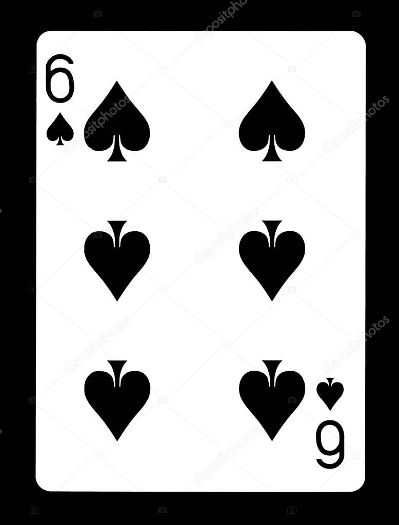 Six of spades playing card, isolated on black background. 