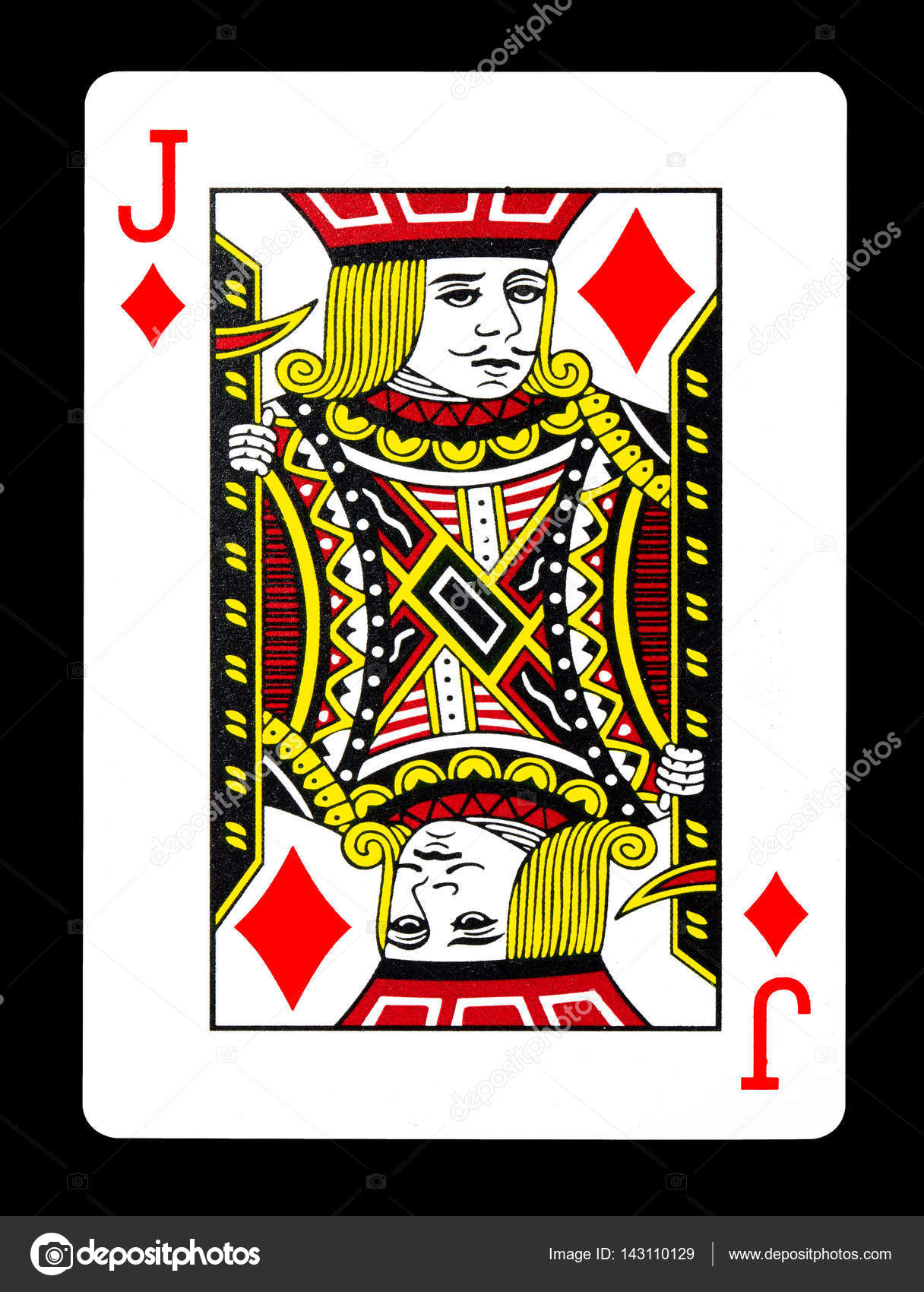 Jack of Diamonds playing card, isolated on black background. Stock