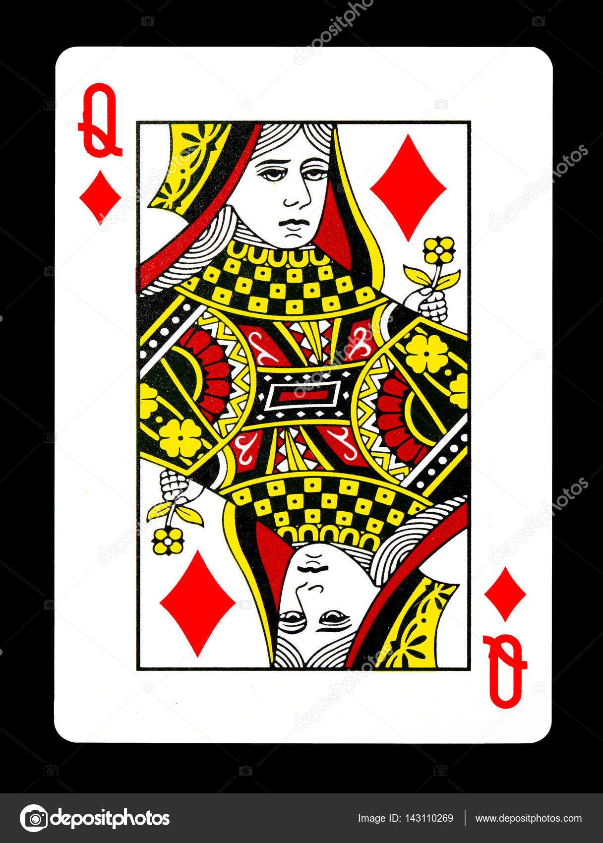 Queen of Diamonds playing card, isolated on black background. Stock ...