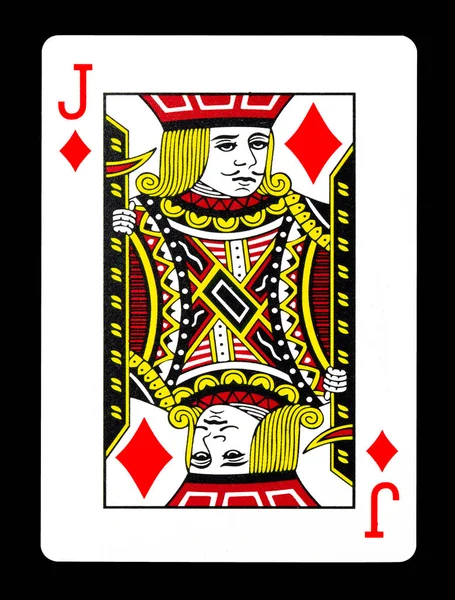 Jack of Diamonds spelkort, isolerad på svart bakgrund. — Stockfoto