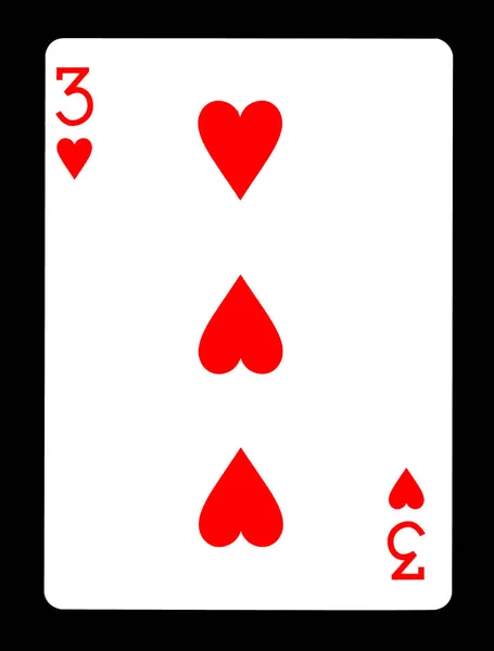 Tre av hearts spelkort, isolerad på svart bakgrund. — Stockfoto
