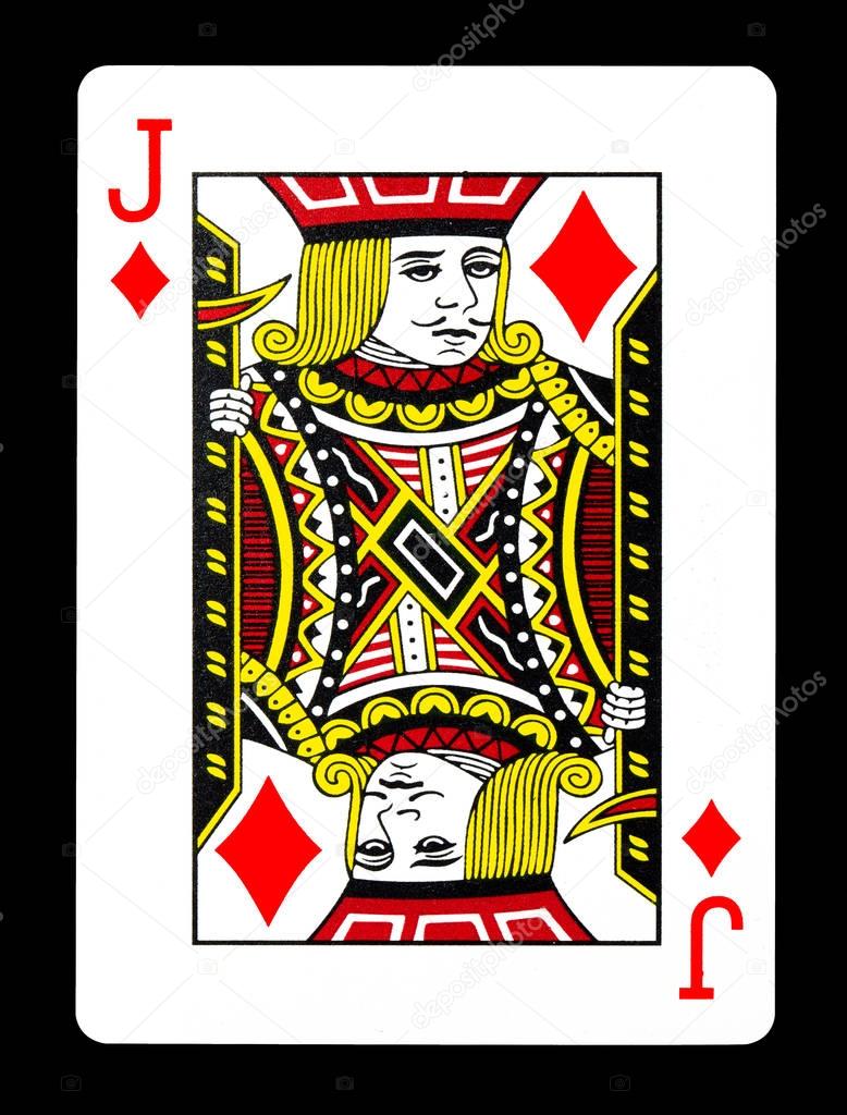 Jack of Diamonds playing card, isolated on black background. — Stock