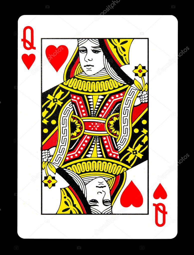 Queen of hearts playing card, isolated on black background. — Stock ...