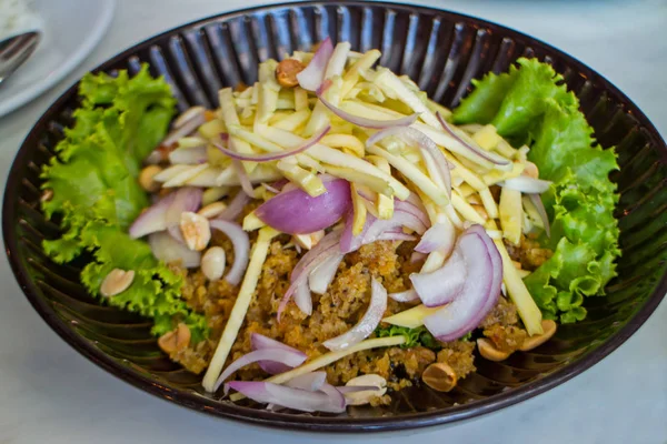 Krispiga havskatt kryddig sallad med grön mango, thaimat, krispiga ca — Stockfoto