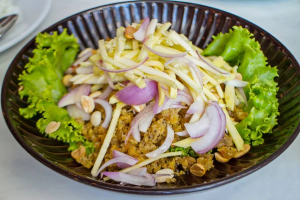Křupavé sumec pikantní salát s zelené mango, thajské jídlo, křupavé ca — Stock fotografie