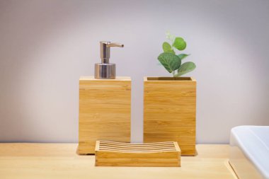 Küçük ağaç ve sabun pad ile ahşap sıvı sabun şişe. Bathroo
