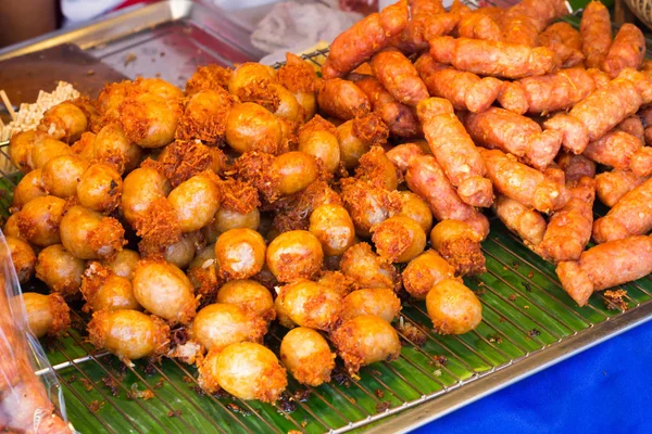 Street food, the market of sausage on stick, Thailand street mar — Stock Photo, Image