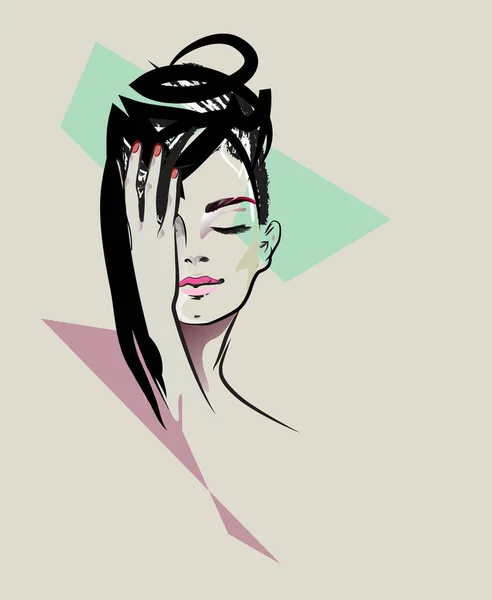 Modelo de chica de retrato de acuarela abstracta, arte de la moda, belleza. belleza arte de la moda. Impresiones vectoriales de color, maquillaje. Fondo para texto, mujeres y mano con manicura y labios de rubí — Vector de stock