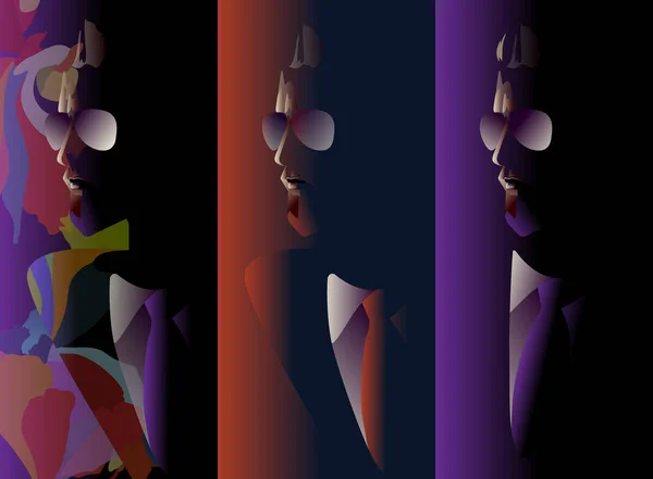 Abstracte vector illustratie van de man met de baard in zonnebril en das, bloemenpak, mannen kleding winkel, kleurendruk, mode kunst — Stockvector