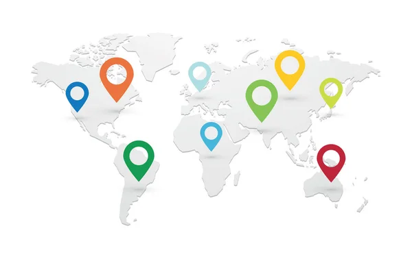 Conjunto de ponteiros de mapas coloridos com mapa do mundo isolado —  Vetores de Stock