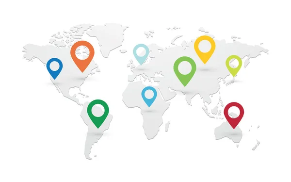 Sada barevných mapu ukazatelů s mapou světa, samostatný — Stockový vektor